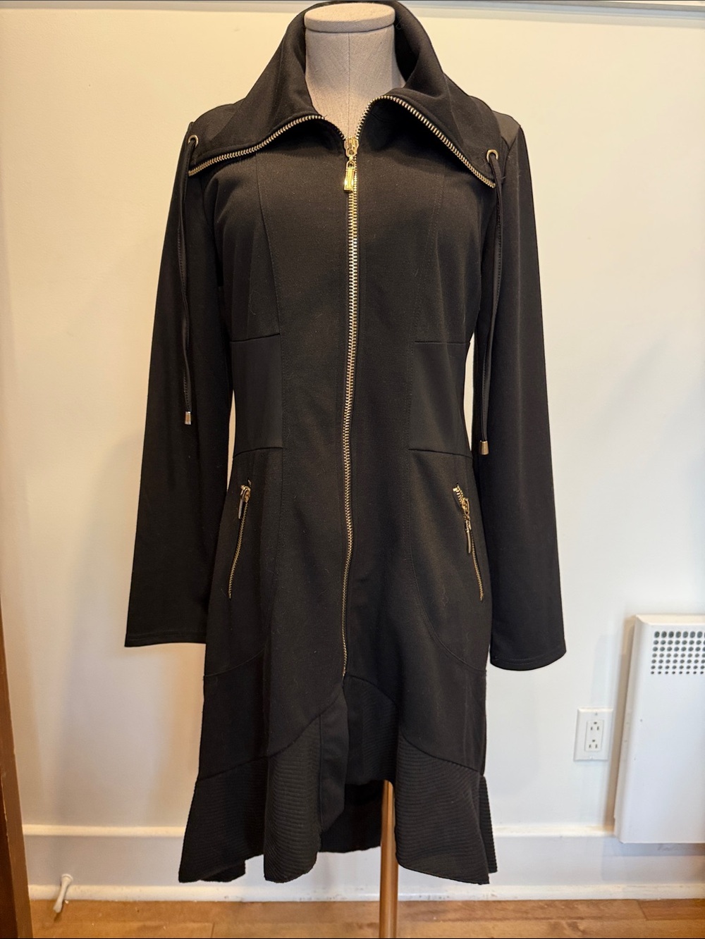 Terra Nostra Black Zip Front Coat Dress Size Medium Gold Hardware